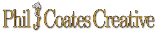 Text logo of Phil J. Coates Creative with a dragon coiled around the letter J